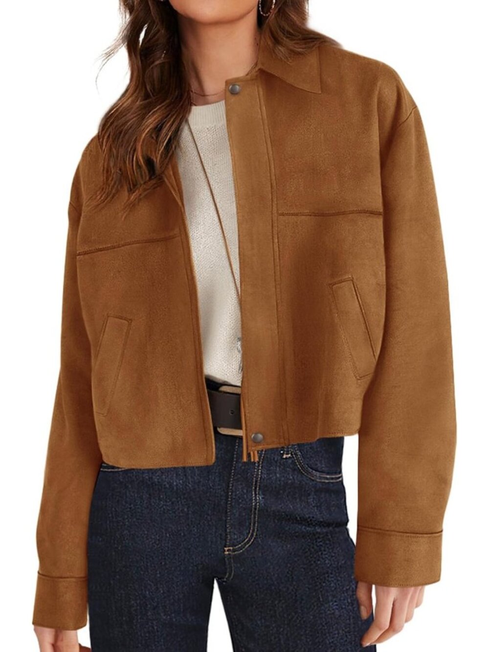 Women's Brown Faux Suede Cropped 2 Pockets Fall Jacket Oversized Shacket